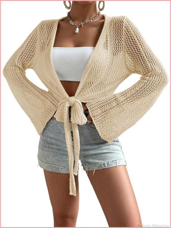 Sweaters - Hollow Out Tie Front Cardigan Summer Crop Flare Sleeve Crochet Bolero Top